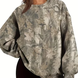 UrbanLeaf™ Sudadera Oversize Camuflaje para Mujer – Jersey Holgado de Manga Larga con Puños Acanalados