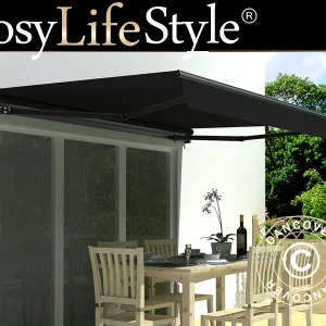 Markise mit Handkurbel, 3,95x3m, Schwarz/Schwarz Rahmen