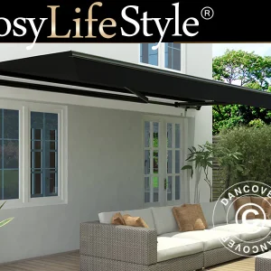 Markise mit Handkurbel, 3,95x2,5m, Schwarz/Schwarz Rahmen