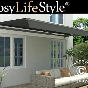 Markise mit Handkurbel, 3,95x2,5m, Grau/Grauer Rahmen