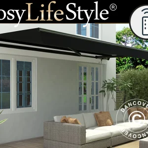 Awning w/Remote Control, 3.95x2.5 m, Black/Black Frame
