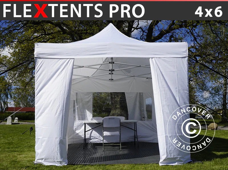 Besucherzelt FleXtents PRO 4x6m weiß, inkl. 8 Seitenwände und 1 transparente Trennwand