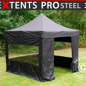 Faltzelt FleXtents PRO Steel 3x3m Schwarz, mit 4 Seitenwänden