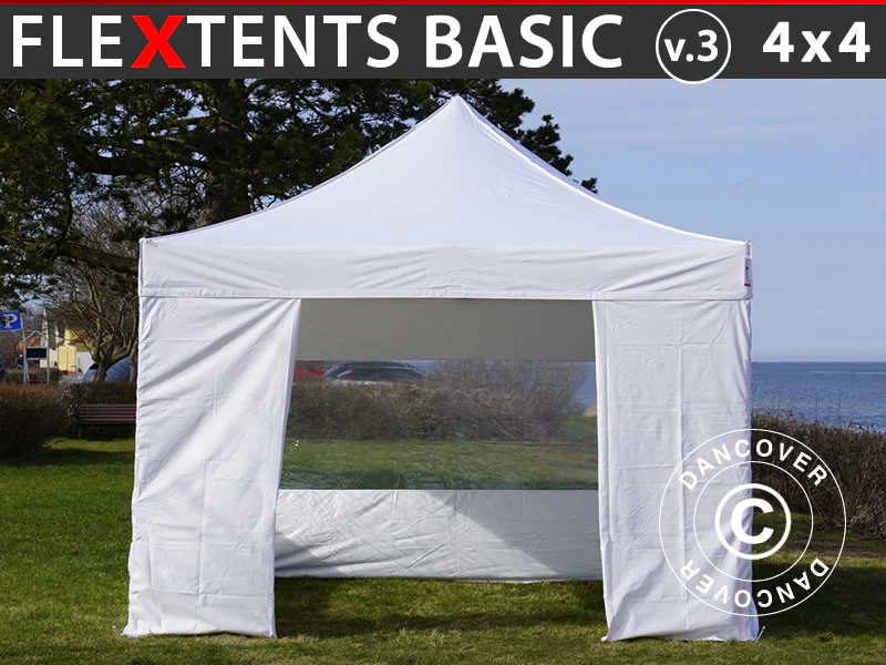 Faltzelt FleXtents Basic v.3, 4x4m Weiß, mit 4 Seitenwänden