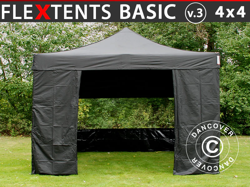 Faltzelt FleXtents Basic v.3, 4x4m Schwarz, mit 4 Seitenwänden - Imagen 2