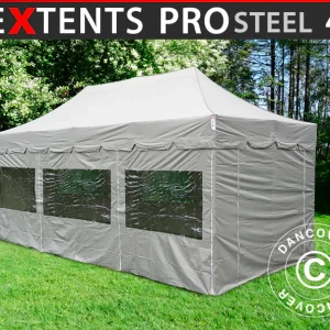 Faltzelt FleXtents PRO Steel "Peaked" 4x6m Latte, mit 8 Seitenwänden