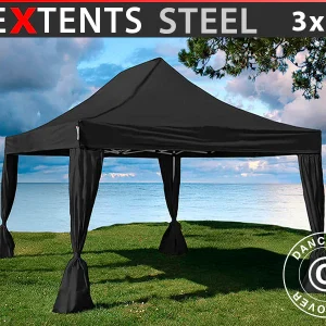 Faltzelt FleXtents Steel 3x4,5m, Schwarz, mit 4 Gardinen
