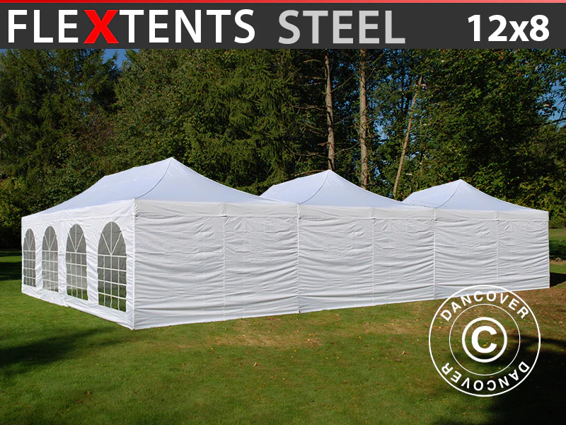 Faltzelt FleXtents® Steel 12x8m Weiß, inkl. 8 Seitenwände
