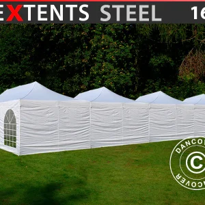 Faltzelt FleXtents® Steel 16x8m Weiß, inkl. 10 Seitenwände