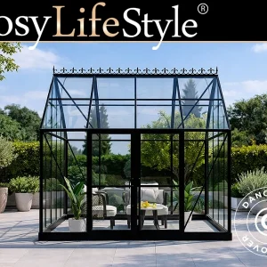 Orangerie, gewächshaus aus Glas 8,9m², 3,01x2,99x2,95m mit Sockel und Krone, Schwarz
