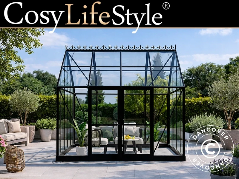 Orangerie, gewächshaus aus Glas 8,9m², 3,01x2,99x2,95m mit Sockel und Krone, Schwarz
