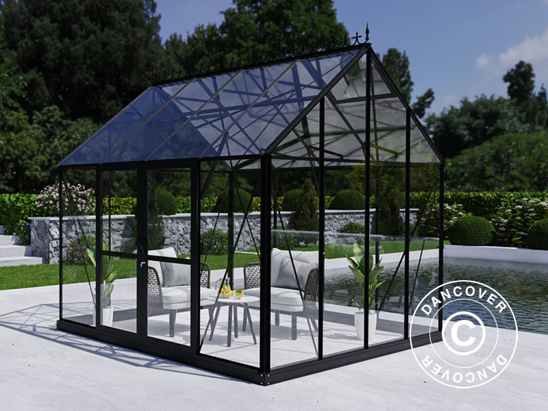 Orangerie, gewächshaus aus Glas 8,9m², 3,01x2,99x2,95m mit Sockel und Krone, Schwarz - Imagen 3