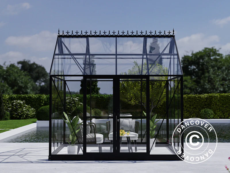 Orangerie, gewächshaus aus Glas 8,9m², 3,01x2,99x2,95m mit Sockel und Krone, Schwarz - Imagen 4