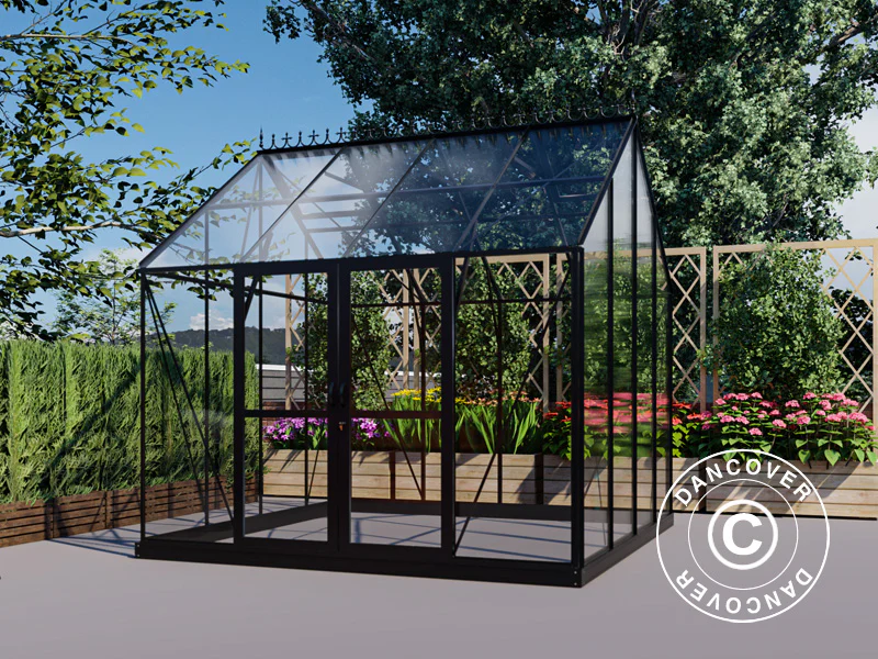 Orangerie, gewächshaus aus Glas 8,9m², 3,01x2,99x2,95m mit Sockel und Krone, Schwarz - Imagen 5