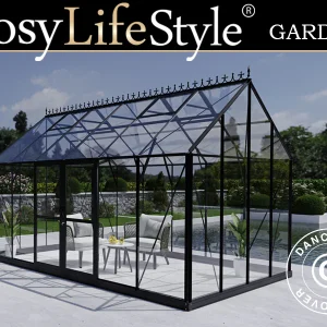 Orangerie, Gewächshaus aus Glas 13,3m², 4,45x2,99x2,95m mit Sockel und Krone, Schwarz