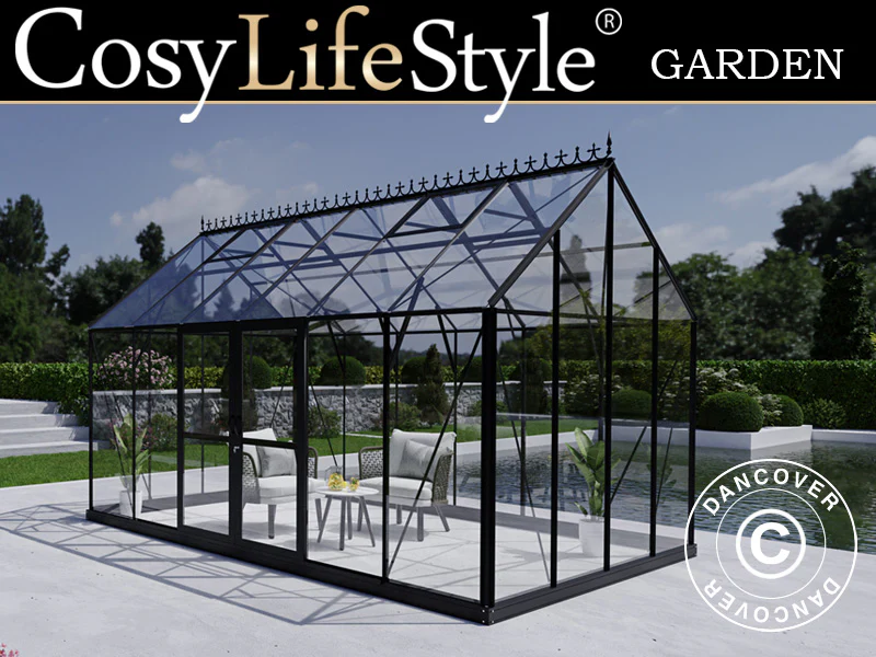 Orangerie, Gewächshaus aus Glas 13,3m², 4,45x2,99x2,95m mit Sockel und Krone, Schwarz - Imagen 2