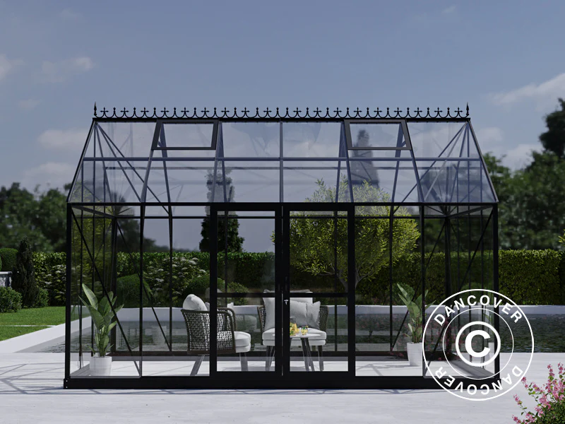 Orangerie, Gewächshaus aus Glas 13,3m², 4,45x2,99x2,95m mit Sockel und Krone, Schwarz - Imagen 3