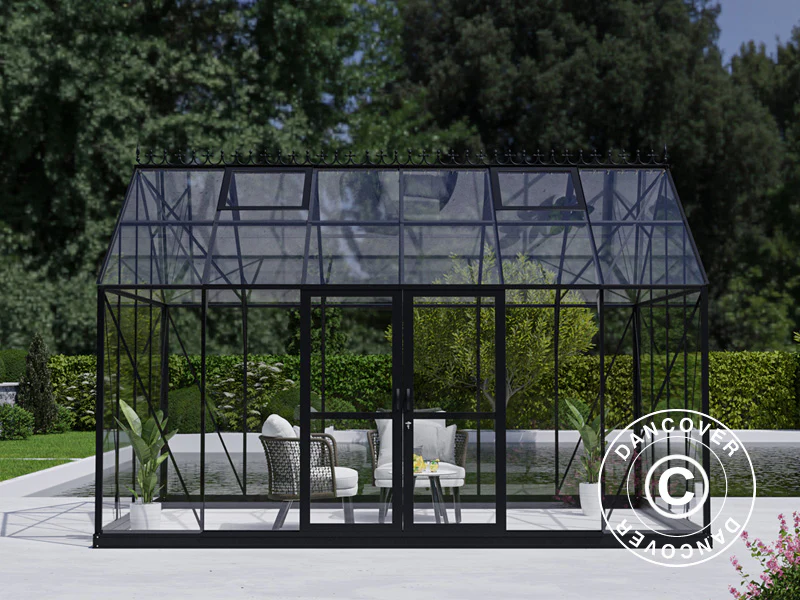 Orangerie, Gewächshaus aus Glas 13,3m², 4,45x2,99x2,95m mit Sockel und Krone, Schwarz - Imagen 4