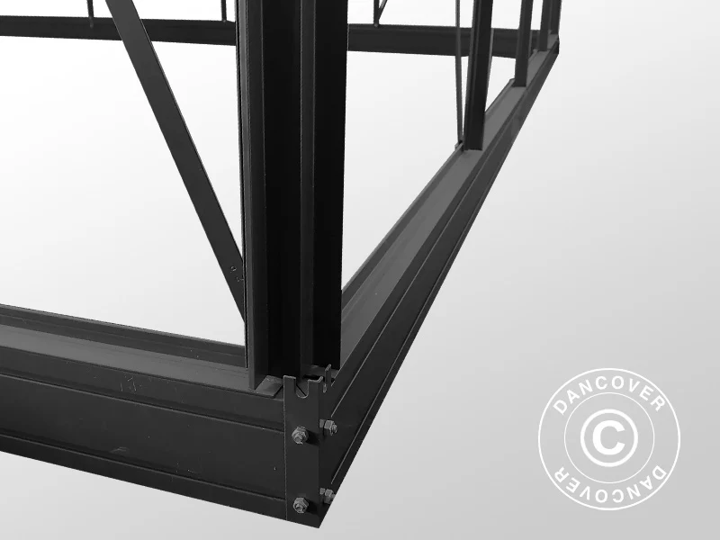 Orangerie, Gewächshaus aus Glas 13,3m², 4,45x2,99x2,95m mit Sockel und Krone, Schwarz - Imagen 7