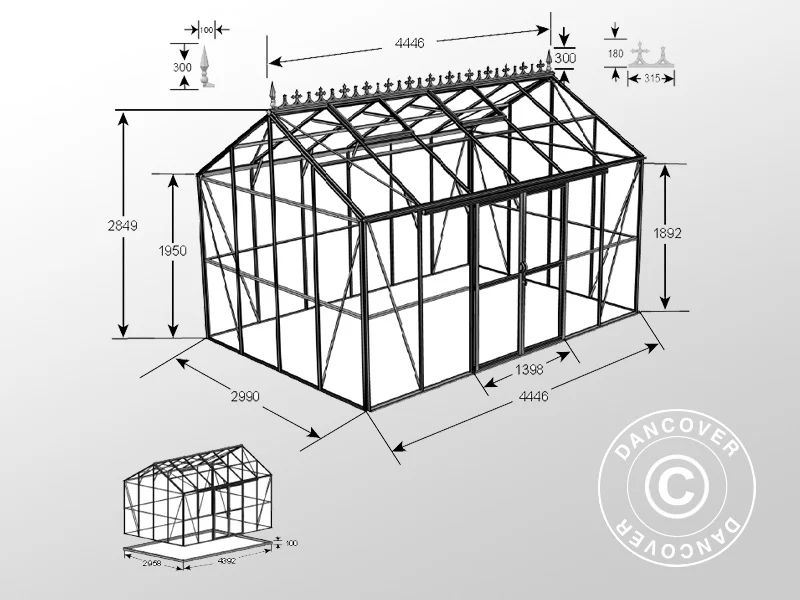 Orangerie, Gewächshaus aus Glas 13,3m², 4,45x2,99x2,95m mit Sockel und Krone, Schwarz - Imagen 8