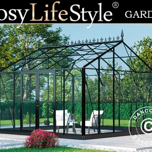 Orangerie, gewächshaus aus Glas 13,8m², 3,73x3,71x3,16m mit Sockel und Dach, Schwarz
