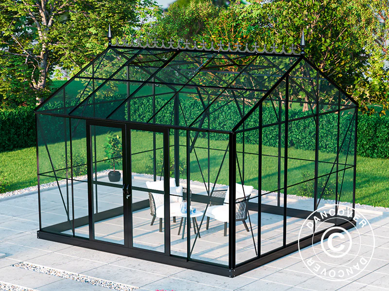 Orangerie, gewächshaus aus Glas 13,8m², 3,73x3,71x3,16m mit Sockel und Dach, Schwarz - Imagen 4