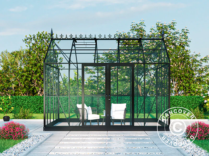 Orangerie, gewächshaus aus Glas 13,8m², 3,73x3,71x3,16m mit Sockel und Dach, Schwarz - Imagen 7