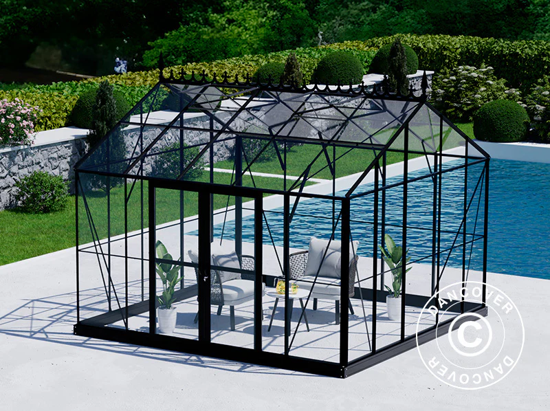 Orangerie, gewächshaus aus Glas 13,8m², 3,73x3,71x3,16m mit Sockel und Dach, Schwarz - Imagen 8