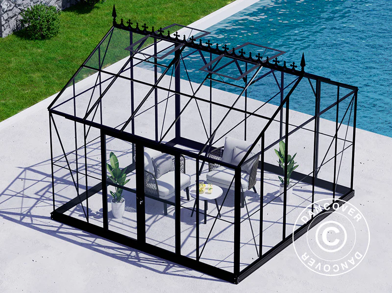 Orangerie, gewächshaus aus Glas 13,8m², 3,73x3,71x3,16m mit Sockel und Dach, Schwarz - Imagen 9
