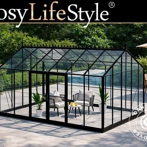 Orangerie, gewächshaus aus Glas 16,5m², 4,45x3,71x3,16m mit Sockel und Dach, Schwarz