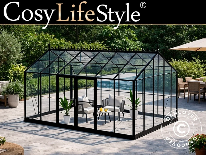 Orangerie, gewächshaus aus Glas 16,5m², 4,45x3,71x3,16m mit Sockel und Dach, Schwarz