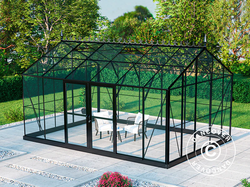 Orangerie, gewächshaus aus Glas 16,5m², 4,45x3,71x3,16m mit Sockel und Dach, Schwarz - Imagen 3