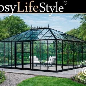 Orangerie, Gewächshaus aus Glass 19m², 5,14x3,71x3,15m mit Sockel und Aufsatz, Schwarz