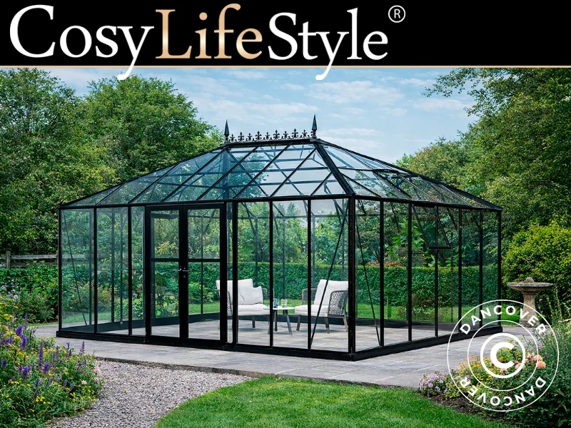 Orangerie, Gewächshaus aus Glass 19m², 5,14x3,71x3,15m mit Sockel und Aufsatz, Schwarz