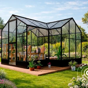 Orangerie, Gewächshaus Polycarbonat/Glas, 14,75m2, 3,83x3,85x2,61m inkl. Sockel, Schwarz