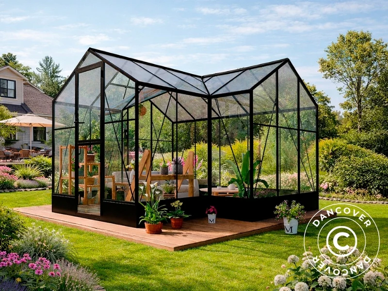 Orangerie, Gewächshaus Polycarbonat/Glas, 14,75m2, 3,83x3,85x2,61m inkl. Sockel, Schwarz - Imagen 2