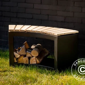 Halbrunde Bank mit Holzlager, 37,8x90,2x48cm, Schwarz/Holz