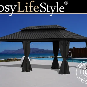 Pavillon Santa Fe Alu+ mit Vorhängen und Moskitonetz, 3,65x6m, Schwarz