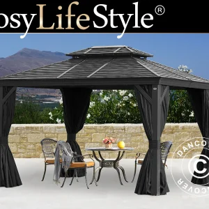 Pavillon San Bruno Alu+ mit Vorhängen und Moskitonetz, 3x4m, Schwarz