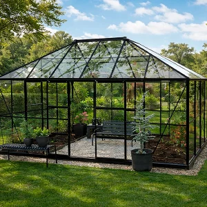 Orangerie, Pavillon aus Glas 12m², 4,2x2,86x2,84m mit Sockel, Schwarz