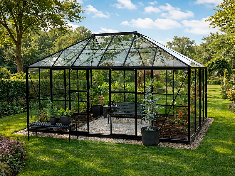 Orangerie, Pavillon aus Glas 12m², 4,2x2,86x2,84m mit Sockel, Schwarz - Imagen 2