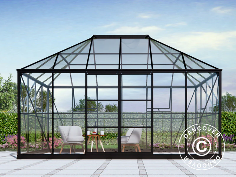Orangerie, Pavillon aus Glas 12m², 4,2x2,86x2,84m mit Sockel, Schwarz - Imagen 3