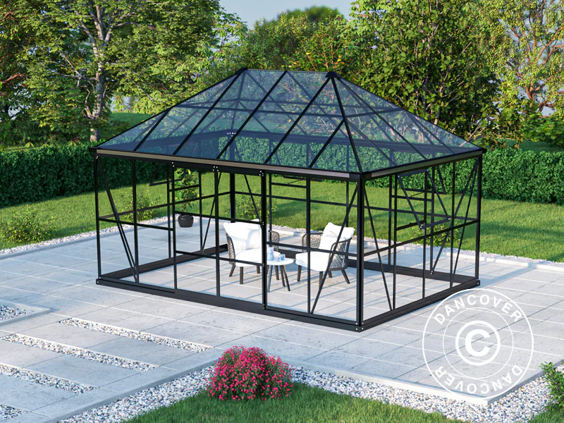 Orangerie, Pavillon aus Glas 12m², 4,2x2,86x2,84m mit Sockel, Schwarz - Imagen 4