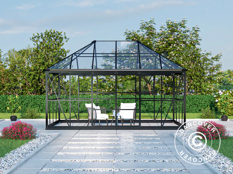 Orangerie, Pavillon aus Glas 12m², 4,2x2,86x2,84m mit Sockel, Schwarz - Imagen 6