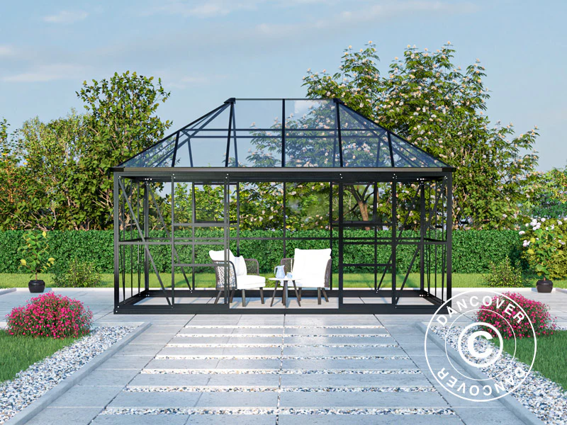 Orangerie, Pavillon aus Glas 12m², 4,2x2,86x2,84m mit Sockel, Schwarz - Imagen 7
