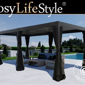 Bioklimatischer Pergola-Pavillon Monterey, 3x6m, mit Vorhängen und Moskitonetz, Schwarz