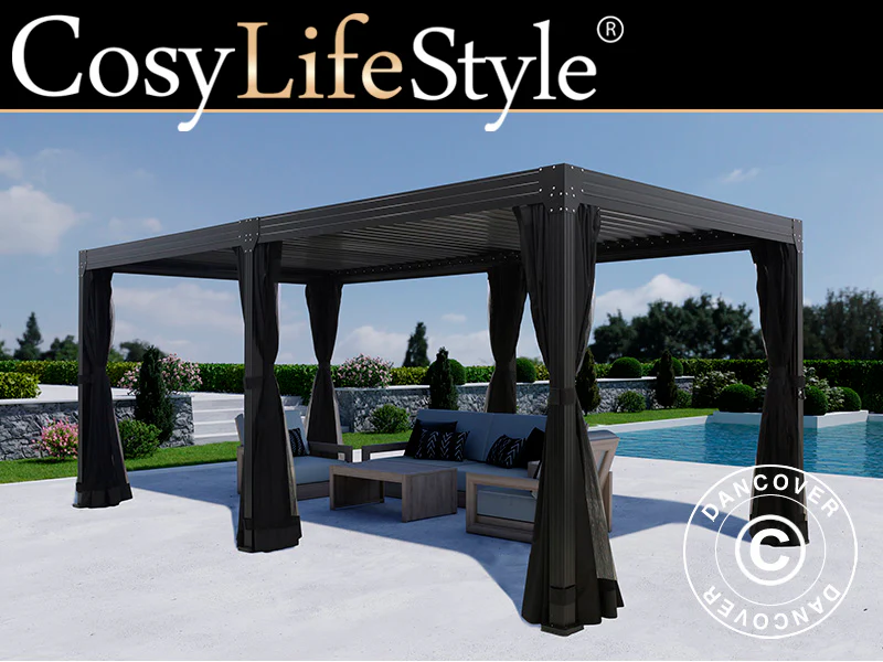 Bioklimatischer Pergola-Pavillon Monterey, 3x6m, mit Vorhängen und Moskitonetz, Schwarz - Imagen 2