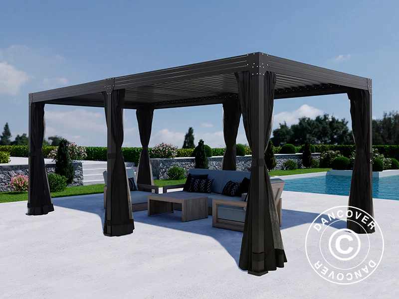 Bioklimatischer Pergola-Pavillon Monterey, 3x6m, mit Vorhängen und Moskitonetz, Schwarz - Imagen 3