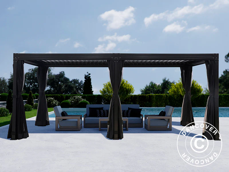 Bioklimatischer Pergola-Pavillon Monterey, 3x6m, mit Vorhängen und Moskitonetz, Schwarz - Imagen 4
