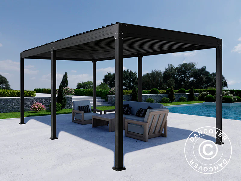 Bioklimatischer Pergola-Pavillon Monterey, 3x6m, mit Vorhängen und Moskitonetz, Schwarz - Imagen 5